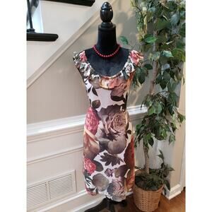 Argenti Dress Women Size 8 Multicolor Floral Ruffle Sleeveless Sheath Chic